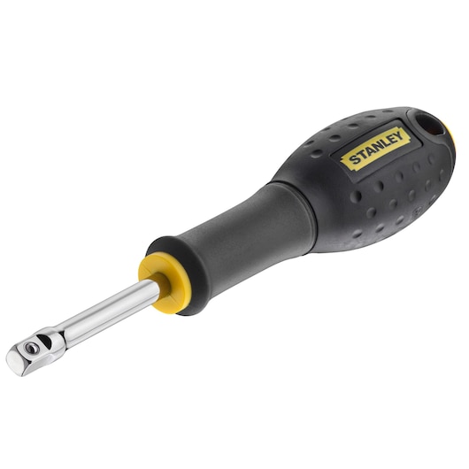 Photo of STANLEY STMT86004-0 black and yellow ratcheting screwdriver with ergonomic handle, angled view.