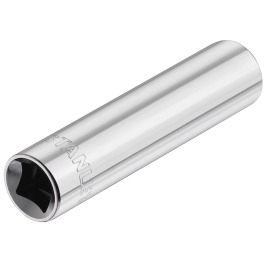 Photo of STANLEY STMT86096-0 chrome finish deep socket, tool angled on white background.