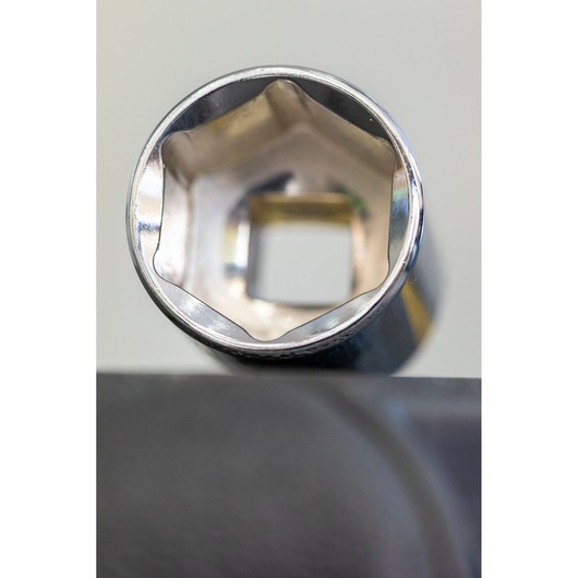 STANLEY STMT86103-0 socket tool top view, chrome finish, hexagonal opening, photography.