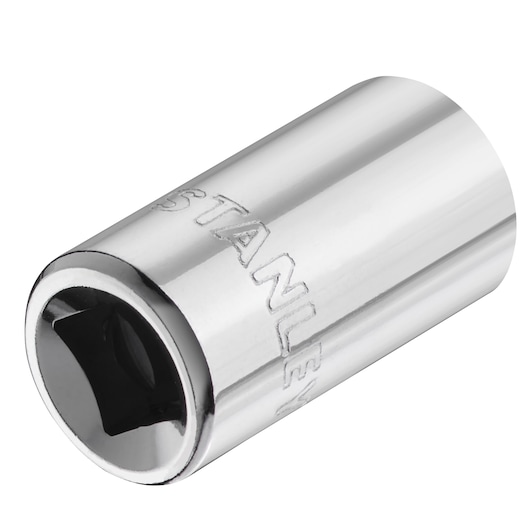 STANLEY STMT86106-0 chrome socket, cylindrical tool with engraved logo, side angle, white background.