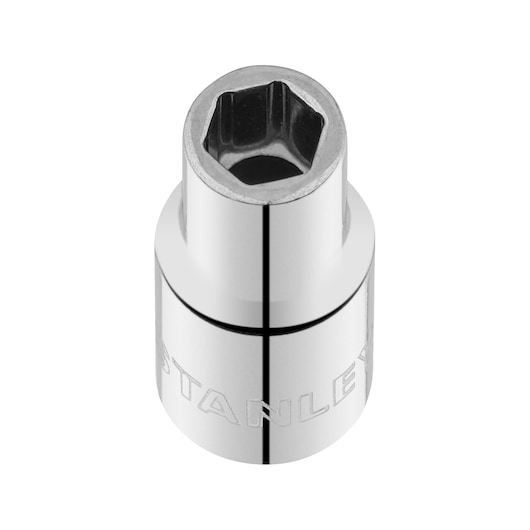 Photo of STANLEY STMT86111-0 chrome socket, top angle, compact design with engraved STANLEY logo.