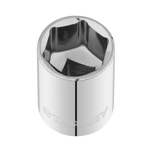 STANLEY STMT86112-0 chrome socket top angle, photography of shiny metal tool accessory.
