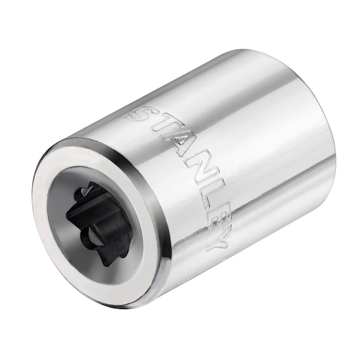 Photo of STANLEY STMT86114-0 chrome socket, angled view showing engraved brand and internal multi-tooth design.