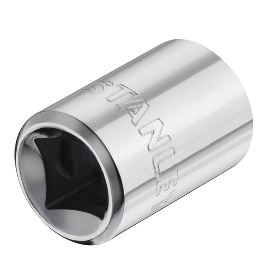 STANLEY STMT86308-0 chrome socket, close-up angle, tool accessory photography.