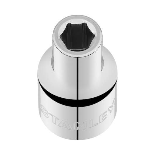 Photo of STANLEY STMT86508-0 chrome socket, top angle, showing brand engraving and hex opening.