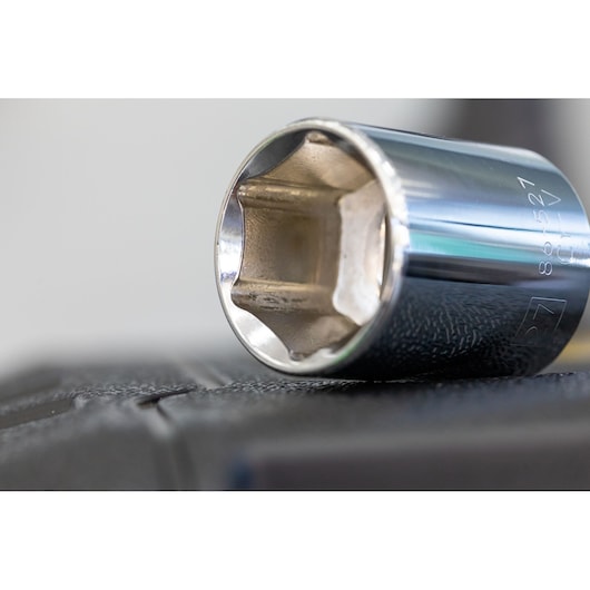 STANLEY STMT86514-0 chrome socket, photography, close-up view showing hex interior design.