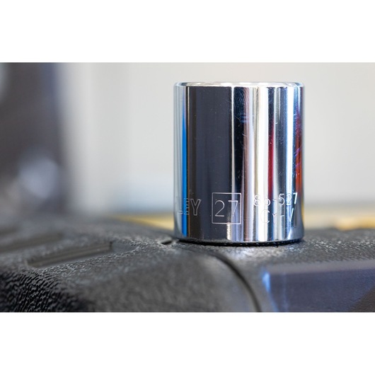 STANLEY STMT86515-0 chrome socket, 27mm size, photography of product close-up on black surface.