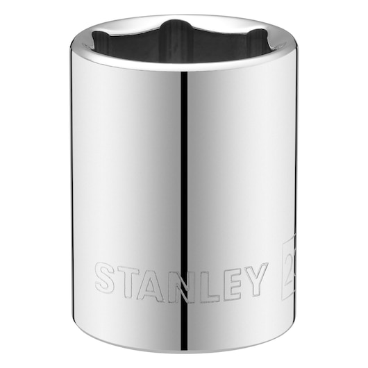 STANLEY STMT86523-0 chrome socket, cylindrical shape, front angle, tool accessory on white background.