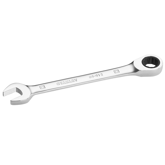 Photo of STANLEY STMT89912-0 ratcheting combination wrench with chrome finish, shown angled on white background.