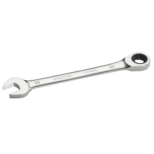 Photo of STANLEY STMT89917-0 combination wrench, chrome finish, showing open and ring ends, angled on white background.