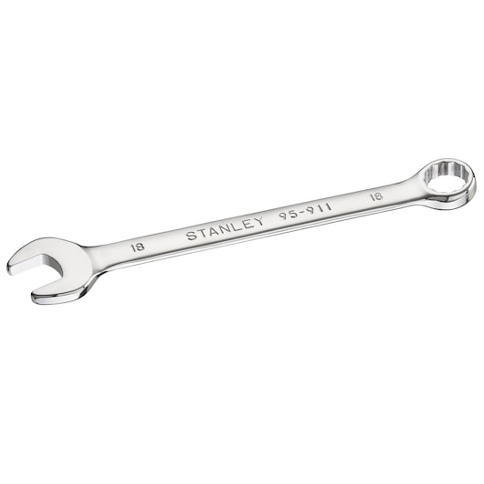 STANLEY STMT95911-0 combination wrench, silver, with open and box end, angled on white background.