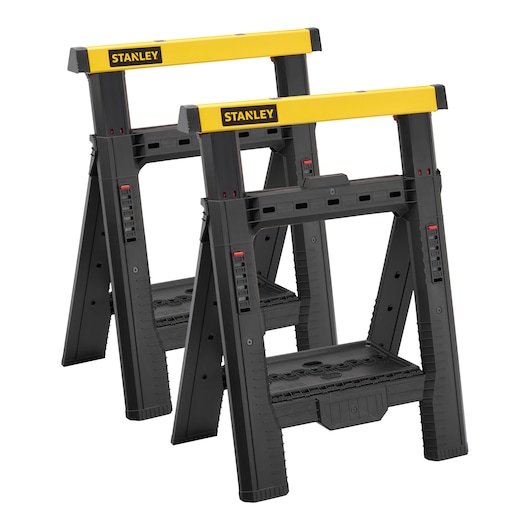 STANLEY STST1-70559 black and yellow folding plastic saw horses, front angle, set of two.