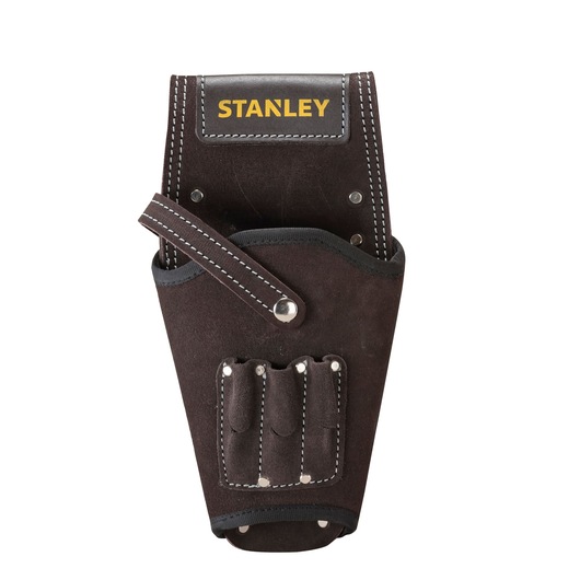 STANLEY STST1-80118 leather tool holster, brown with white stitching, front angle on white background.