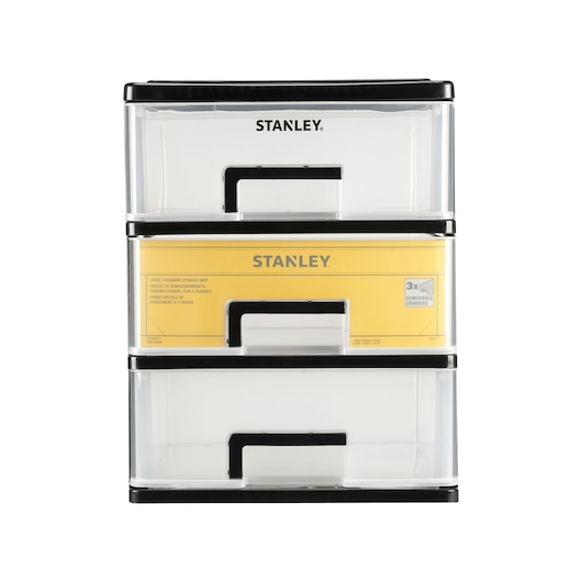 STANLEY STST40710-1 storage unit with three clear plastic drawers, black frame, front view on white background.