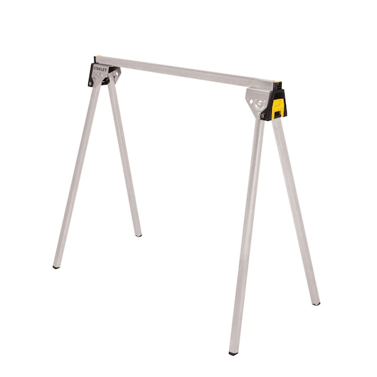 Photo of STANLEY STST81337-1 folding metal sawhorse, silver with yellow detail, front angle on white background.