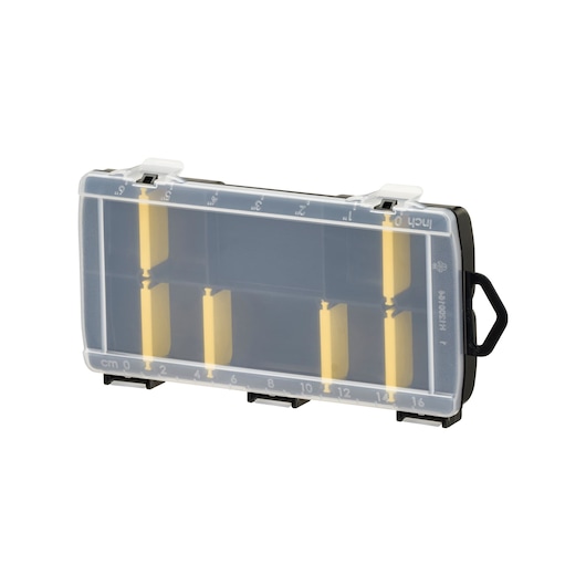 STANLEY STST81679-1 organizer box with clear lid, yellow dividers, photography, angled view.