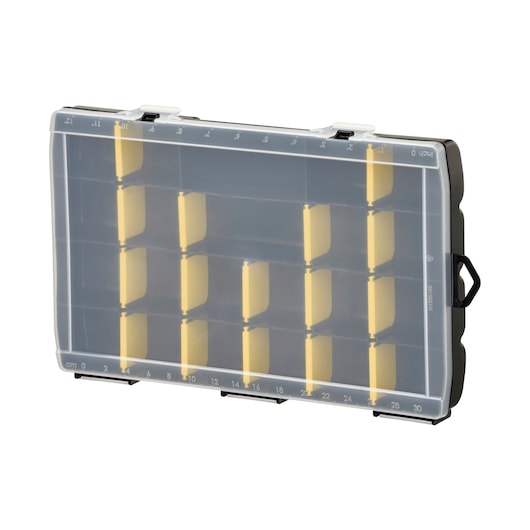 STANLEY STST81681-1 organizer case with transparent lid and yellow dividers, front angle.