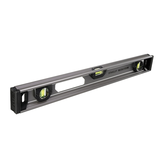 STANLEY XTHT1-42131 spirit level, grey and black, photographed at an angle on white background.