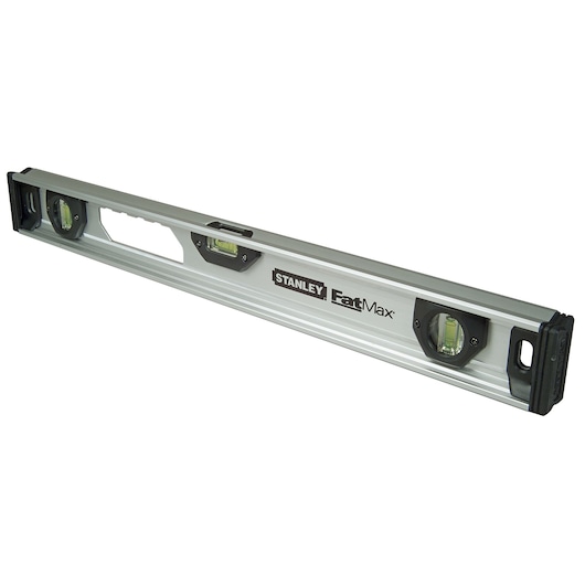 STANLEY XTHT1-42132 spirit level with aluminum body, three vials, and handle, angled on white background.